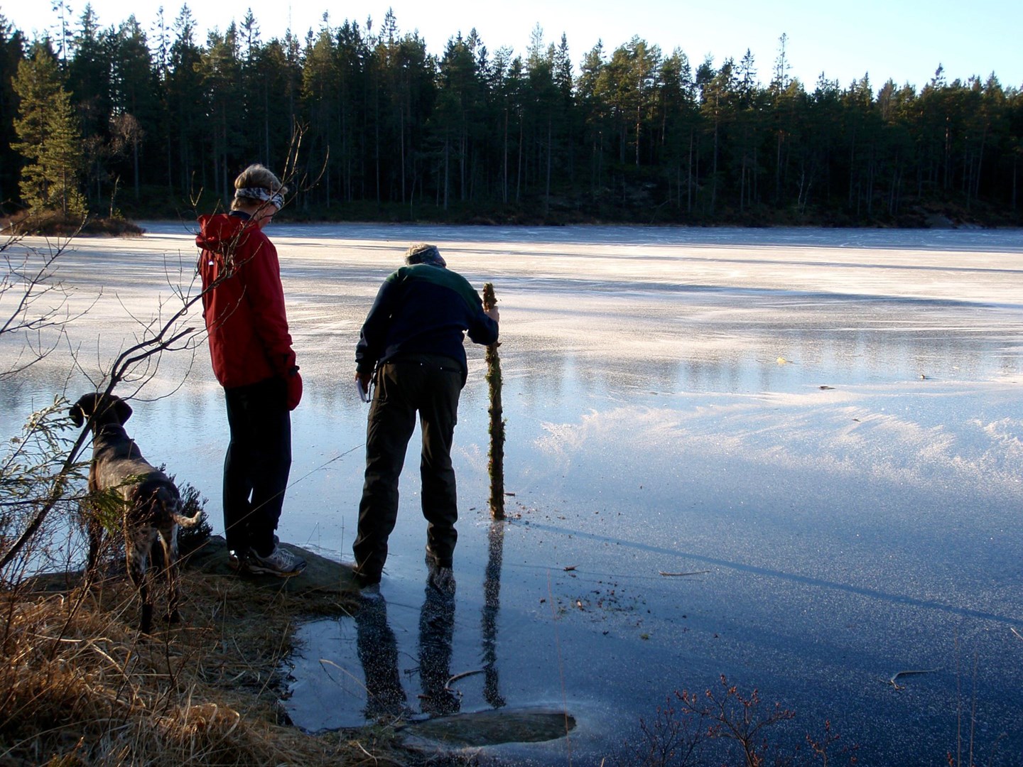 Et par som sjekker om isen har god bæreevne ved hjelp av en stokk.