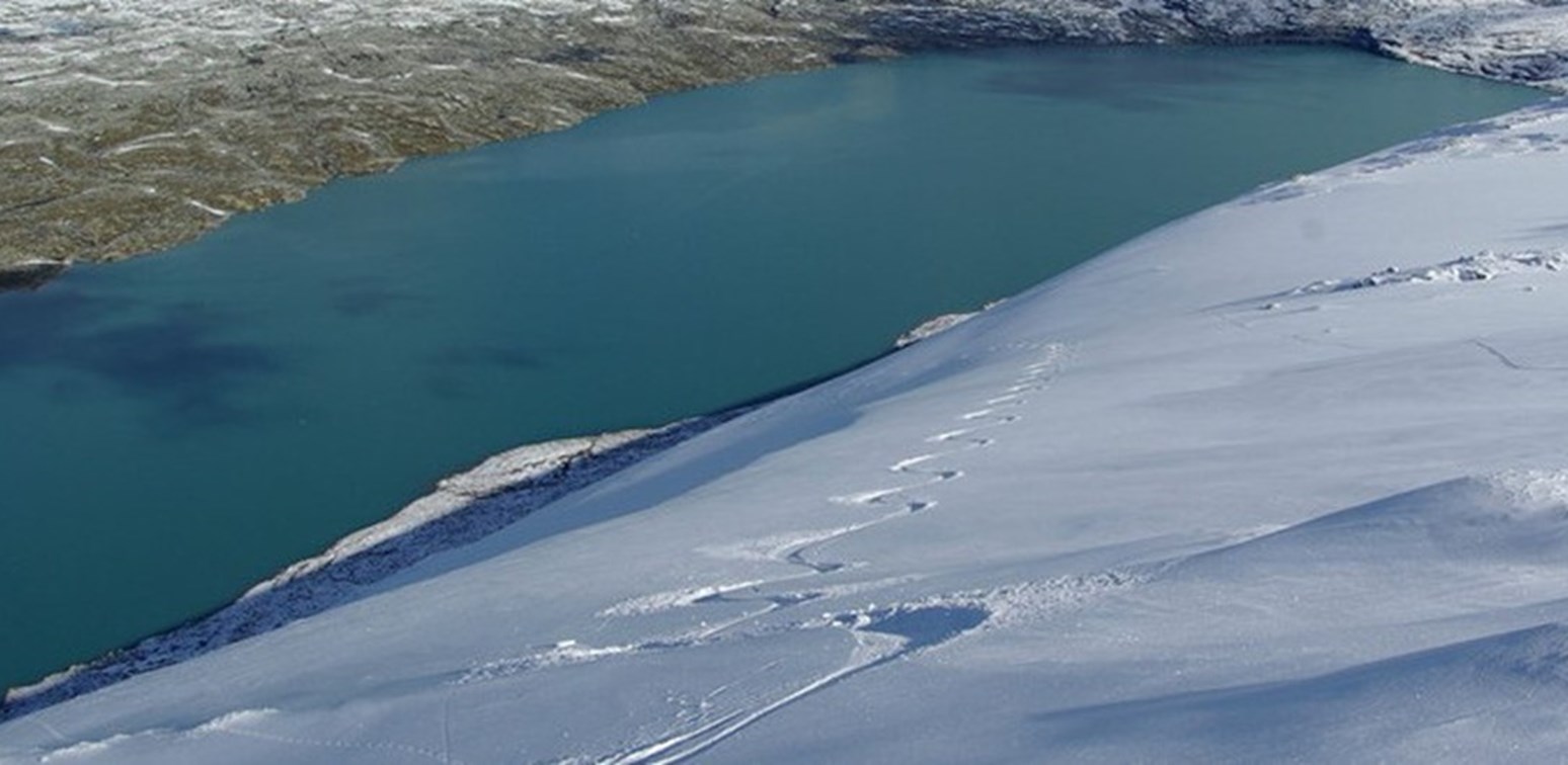 Skispor i fjell med lite snø.