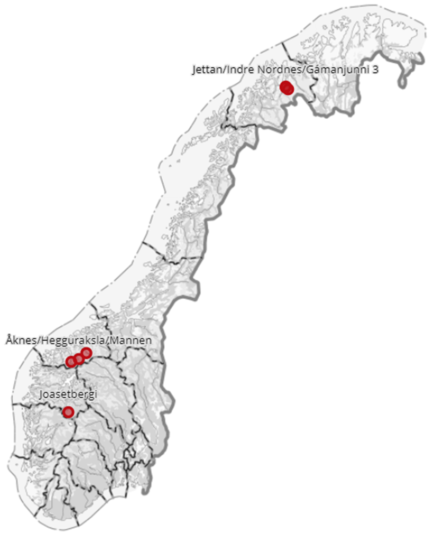Kartbilde over Norge med høyrisikoobjekt markert med prikk.