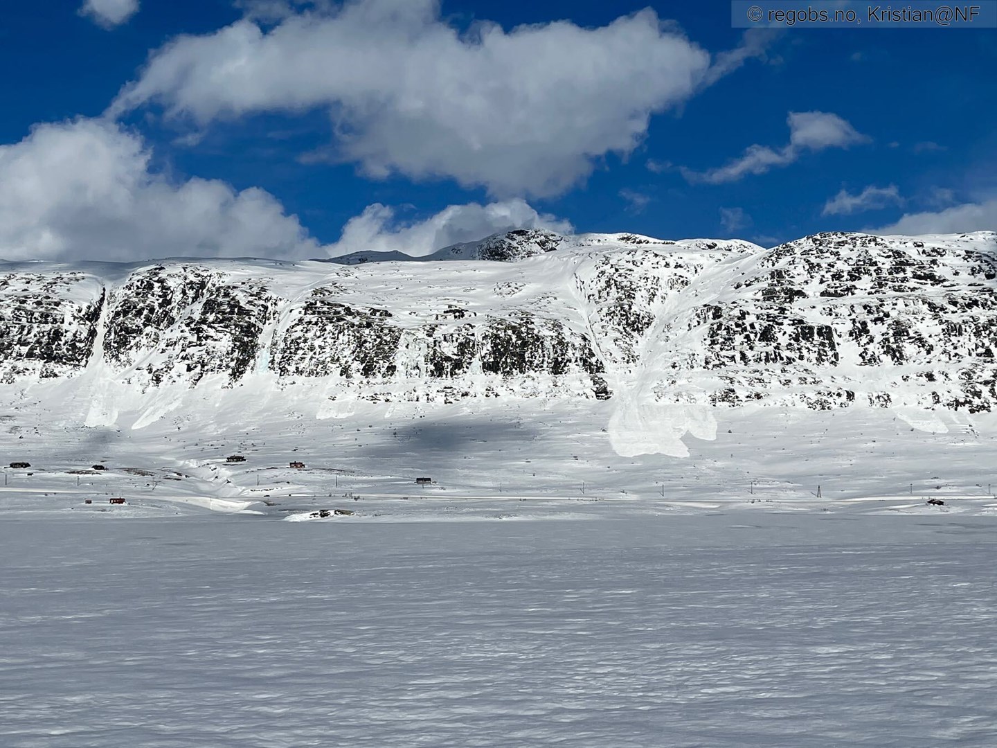 En lang fjellside hvor det har gått flere snøskred. Noen middels store og noen store.