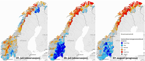 Figur 2. Kart over beregnet grunnvannstand, hhv. 01. juli, 29. juli og 07. august 2024. Verdier er i forhold til gjennomsnittlig grunnvannstand for samme dato i referanseperioden 1981-2010.