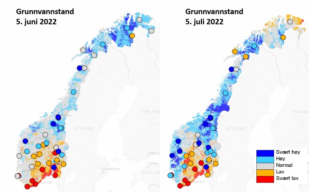 Modellert grunnvannstand for Norge for 5. juni vs. 5. juli 2022.