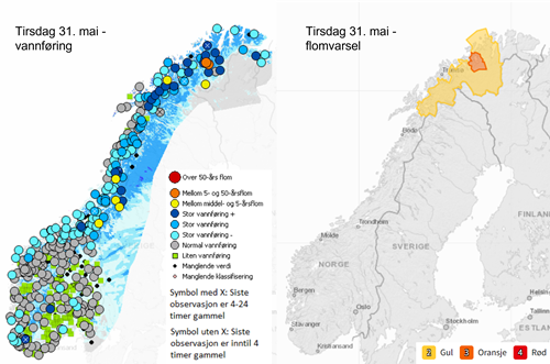 Venstre: Norgeskart med vannføringsnivå i ulike vassdrag. Høyre: Norgeskart med aktive flomvarsler 31. mai. 2022