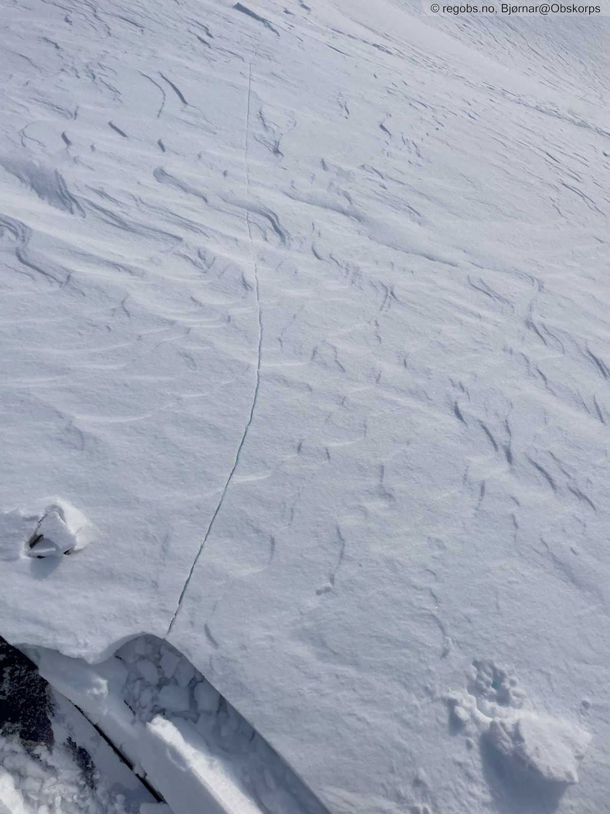 Fokksnø med en skytende sprekk, som er et tydelig faretegn på at det er skredfare.